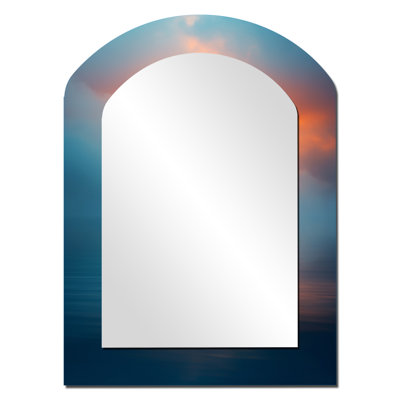 Serene Lighthouse In Sunset Mist - Light House Arch Mirror, Blue Asymmetrical Decorative Wall Mirror, Printed Metal Art