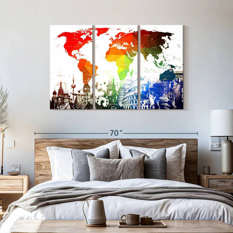 " Rainbow World Map " by Naomi Heart 3 - Pieces, 57" H x 36" W x 1.25" D