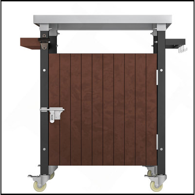 Chariot de barbecue extérieur avec plateau en acier inoxydable, rangement, îlot de cuisine de patio avec roulettes, crochets et étagère à épices, table de barbecue extérieure imperméable, chariot de service mobile pour barbecue