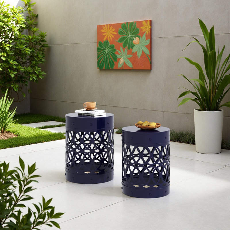 Outdoor Metal S/2 End Table, Blue
