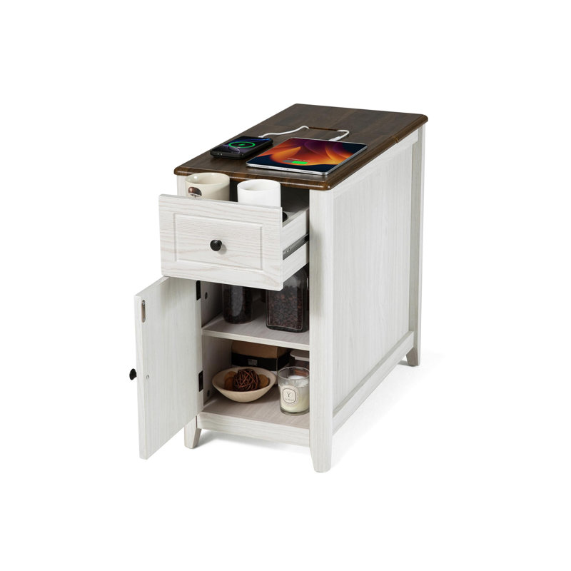 Table de bout étroite étroite de 25,8 po avec station de charge cachée - Table d'appoint USB-C avec armoire de rangement et tiroir profond de 6,4 po - Table de chevet de ferme - Noir