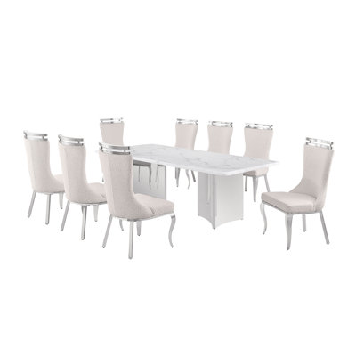 Ensemble de salle à manger en marbre blanc Grand avec chaises d'appoint en tissu Boucle