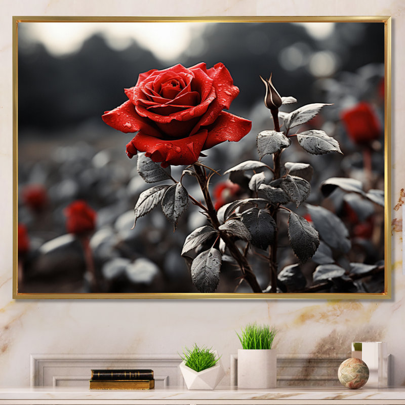 " Red Rose Over Greyscale ", Gold Floater Framed, 16" H x 32" W x 1" D