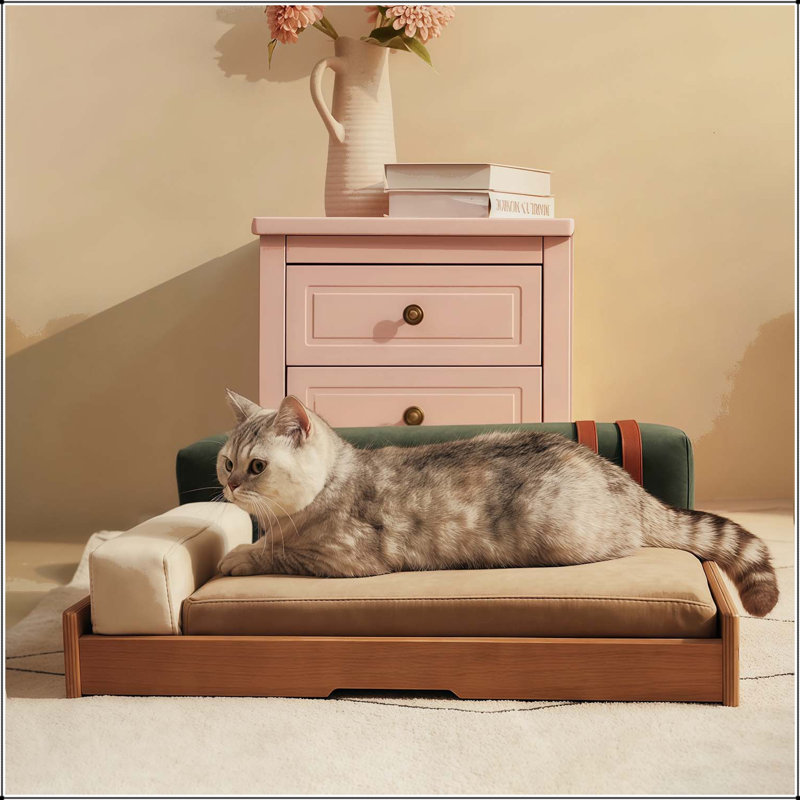Lit pour animaux en bois moderne avec placage de chêne, tissu résistant aux égratignures et coussin amovible, 24.8, Wood