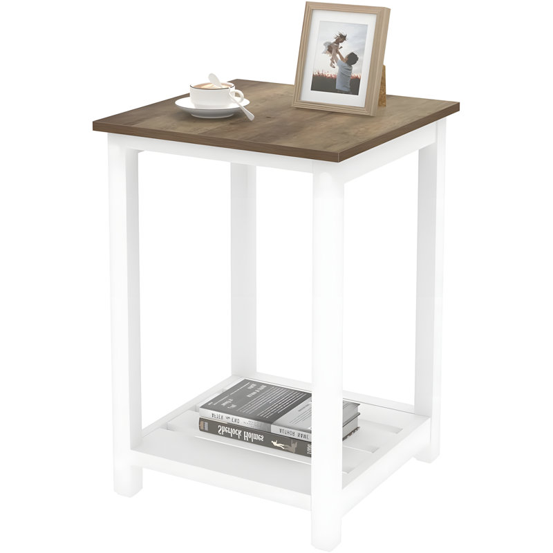 Farmhouse White Side Table With Oak Finish, Rustic End Table With Storage Shelf For Living Room Or Bedroom