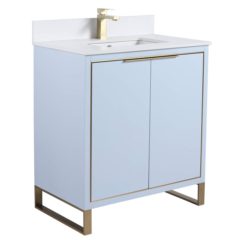 Geryl Free Standing Single Bathroom Vanity with Stone Top, Satin Brass, Pastel Blue, 30"W
