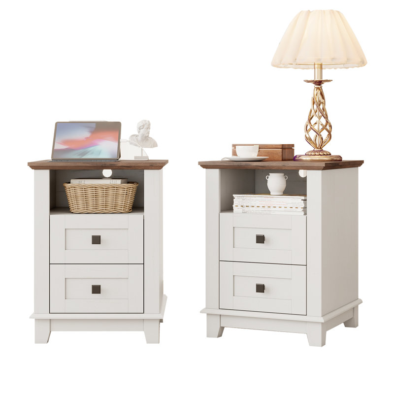 Hutchison Nightstand With Charging Station, Farmhouse Side Table With 2 Tiers Storage Drawer And 1 Open Wood Cubby For Bedroom, Office, Barnwood
