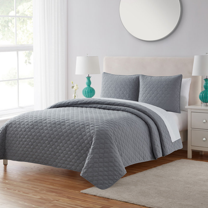 Microfiber 3 Piece Quilt Set, King Quilt + 2 King Shams, Charcoal