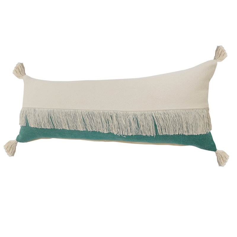 Coussin décoratif à franges 100% coton Contemporary, Vert émeraude / blanc cassé, Housse de coussin seulement - sans coussin
