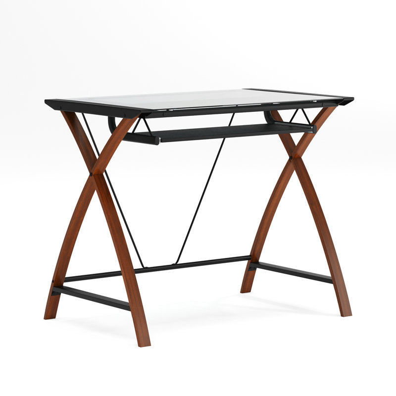 Glass Computer Desk with Pull-Out Keyboard Tray and Crisscross Frame, Clear/Wood Grain