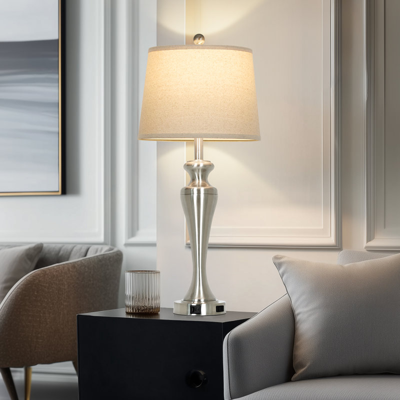30” Touch Control Table Lamp Set With Usb & Type-c Ports, Led Bulb Included, Silver