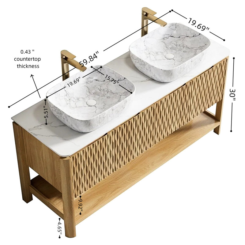 Meuble-lavabo autoportant moderne de 60 po avec 2 lavabos en céramique, pierre frittée blanche, 4 portes texturées et système de fermeture en douceur