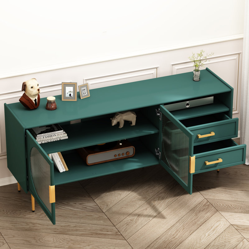 60-in Glass Door TV Stand with Drawers, Green