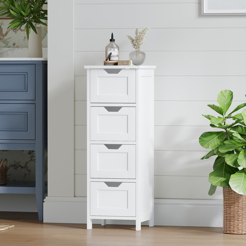 4 - Drawer White Bathroom Floor Cabinet, Freestanding And Space Saving For Compact Spaces In Condos Storage Living Room, Design Small Areas