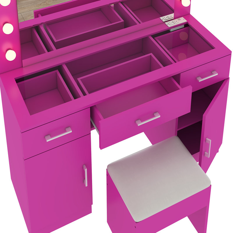 Large Makeup Vanity Set with Lights, USB & Power Outlet,3 Drawers, Pink