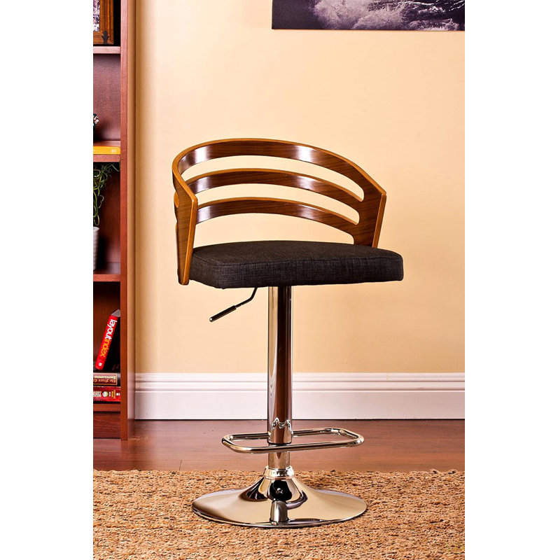 Tabouret de bar pivotant à dossier moderne en bois avec coussin, Noir, Brun / nickel
