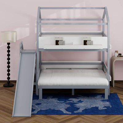 Bunk Bed With Slide And Storage Stairs, Wooden Bed Frame, House Design With Guardrails And Shelves