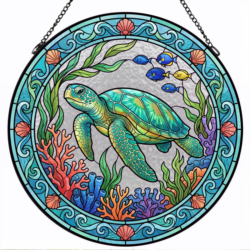 Panneau de vitrail de tortue de mer ， 7,8H, 7.8"H