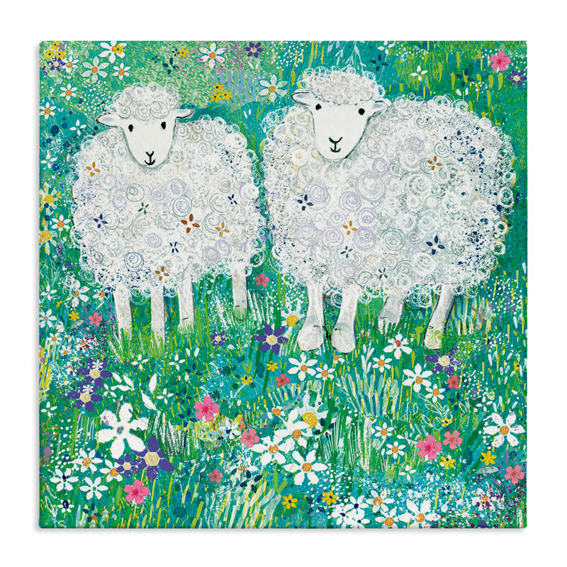 Mouton laineux avec toile de fleurs dispersées, design par Clare Tupper, H 17 po x l 17 po