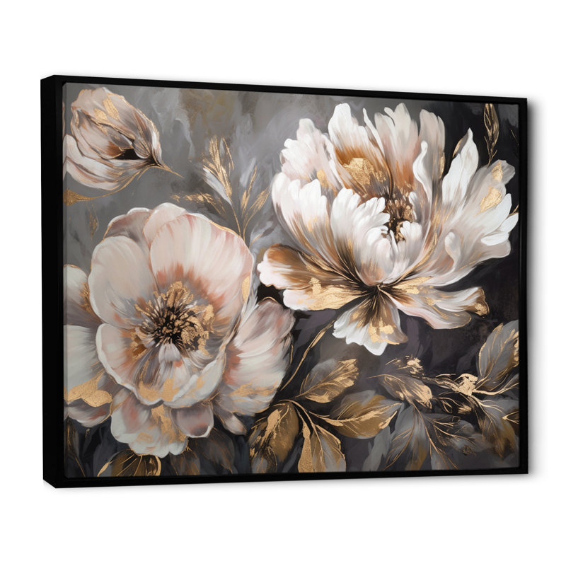 "White Grey Peony Blooms In Motion IV" - pivoines, art encadré, H 16 po x l 32 po, Reproduction avec cadre flottant, Noir