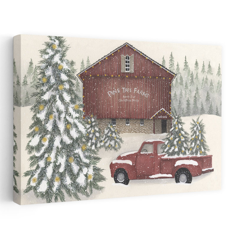 Pine Tree Farms - Art contemporain de neige grange rouge, H 24 po x l 16 po
