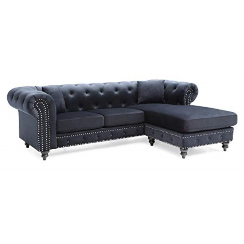 Nola Velvet L-Shaped Sectional Reversible, Black