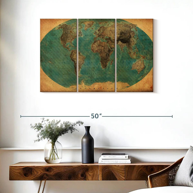 Ensemble de 3 pièces de carte du monde rétro sur toile, H 24 po x l 38 po x P 1,25 po