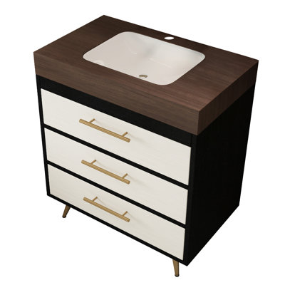 Meuble-lavabo moderne de style Mid-Century avec lavabo en céramique et comptoir en pierre frittée. Il dispose d'un compartiment basculant et de deux tiroirs à fermeture en douceur pour un rangement efficace. Pieds en acier thermolaqué