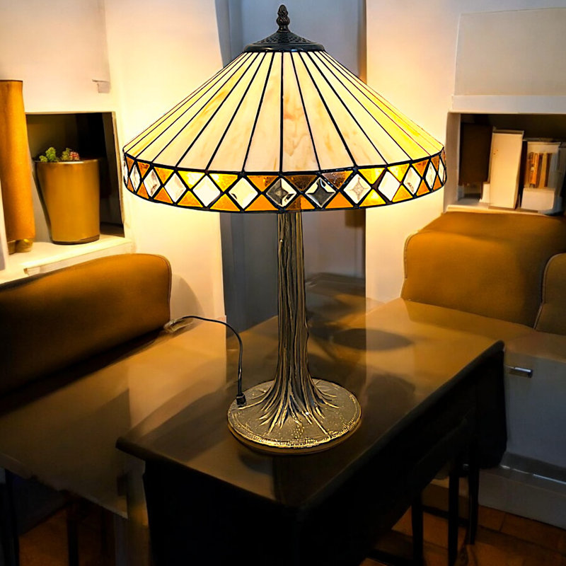 Art Deco Table Lamp, 40.5 cm Diameter Tiffany Style Beige Glass Shade, Tree Base