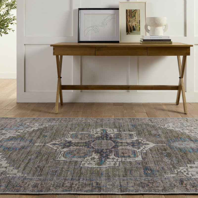 Beesley Machine Washable Green/Blue Rug, Rectangle 3'11" x 6'