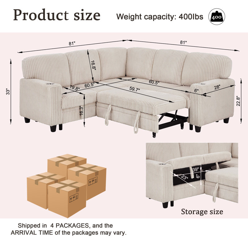 Canapé-lit modulaire en L 81 po avec lit escamotable, rangement et chargement USB, Velours côtelé beige