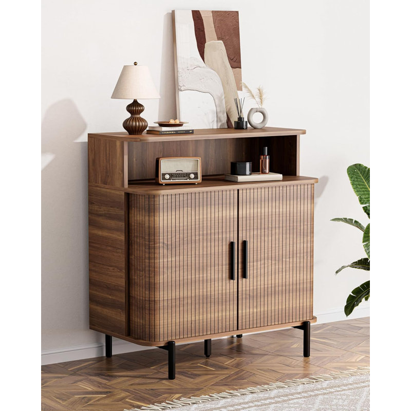 Fluted Storage Cabinet with Sliding Tambour Doors (Walnut), Brown