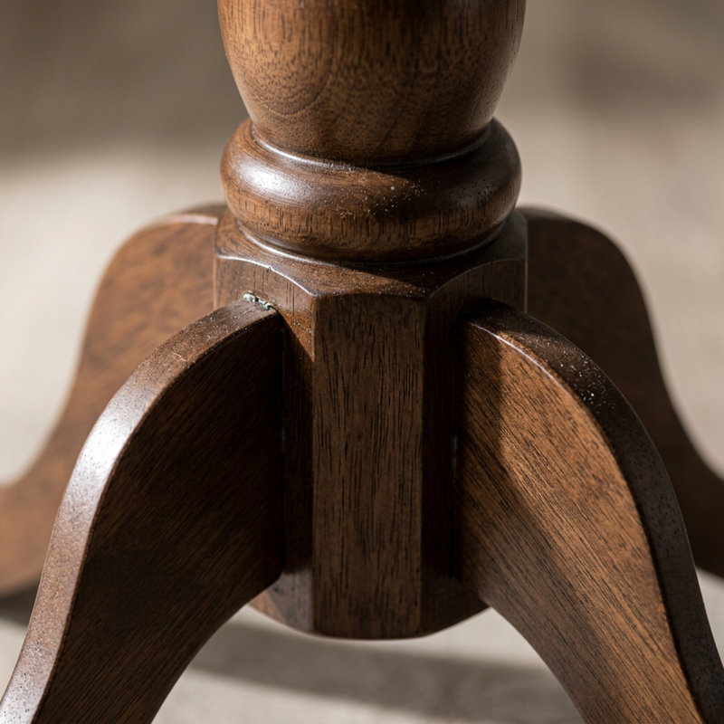 Ensemble de salle à manger 3 pièces en bois d'Asie, finition acajou rustique, table ronde, chaises en lin et abattants