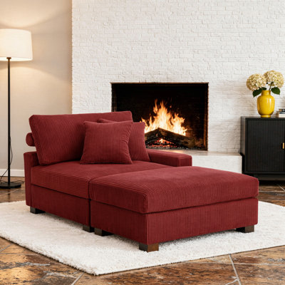 Upholstered Corduroy Modular Chaise Lounge With Armrests & Throw Pillows