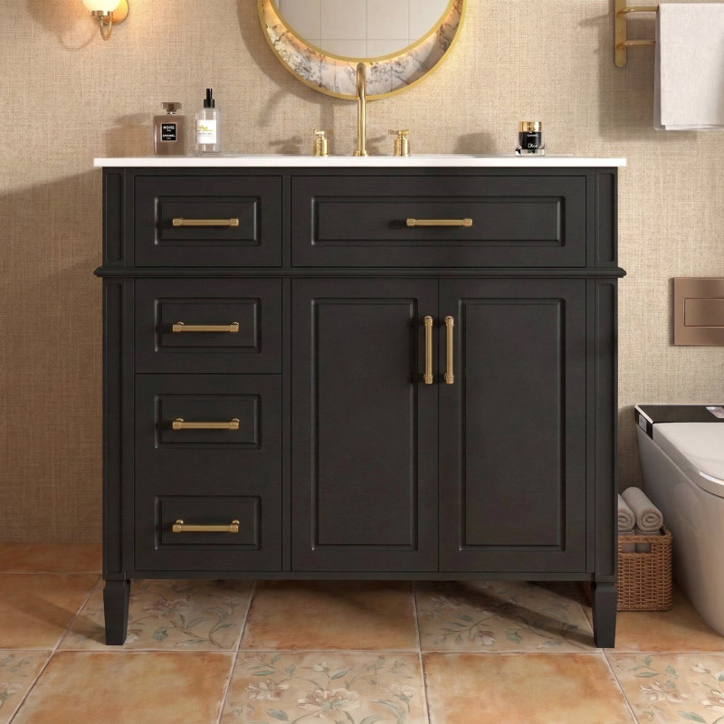 36'' Single Bathroom Vanity With Ceramic Sink And Storage Drawers, Black