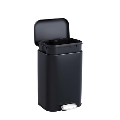 3.2 Gal Black Stainless Steel Step Trash Can, 12L Rectangular Bin, Soft-Close Lid, Fingerprint-Proof Finish