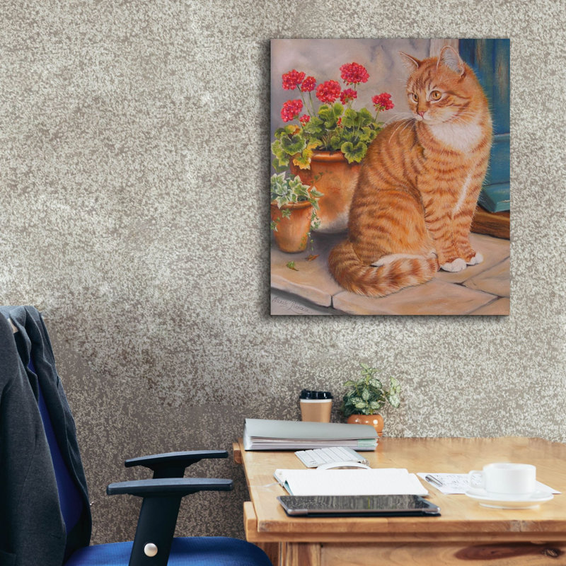 Chat roux sur le pas de la porte par Janet Pidoux, H 30 po x l 26 po x P 1,5 po
