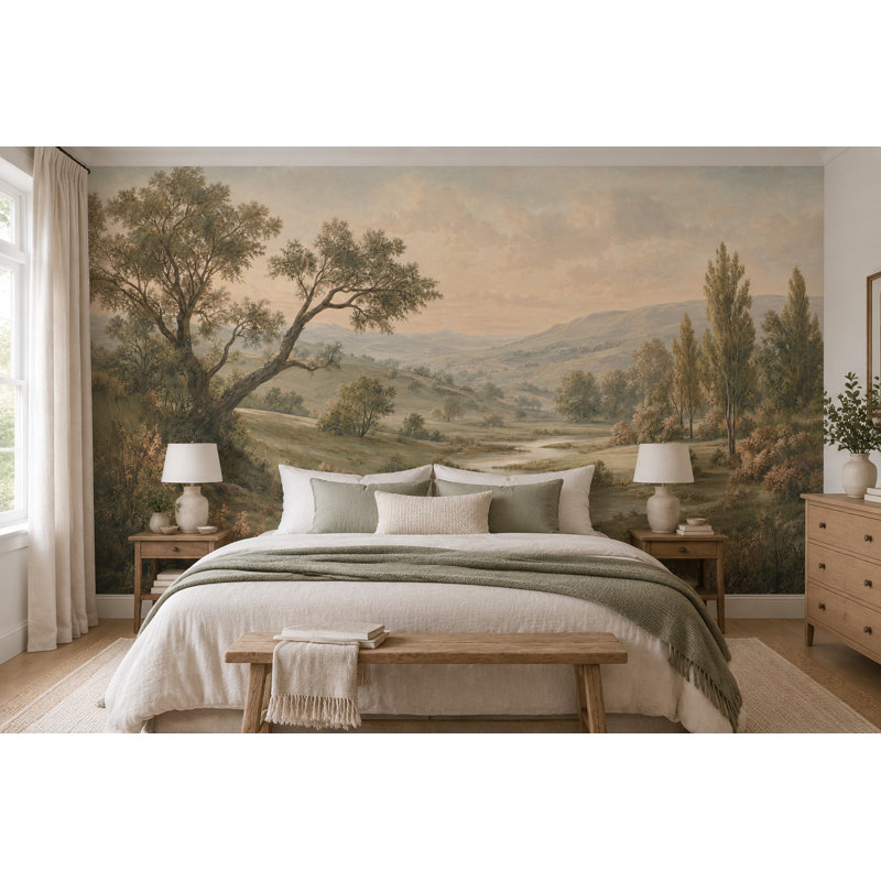 Papier peint paysage champêtre de rivière, fresque murale vintage, 140"x108", Peel and Stick