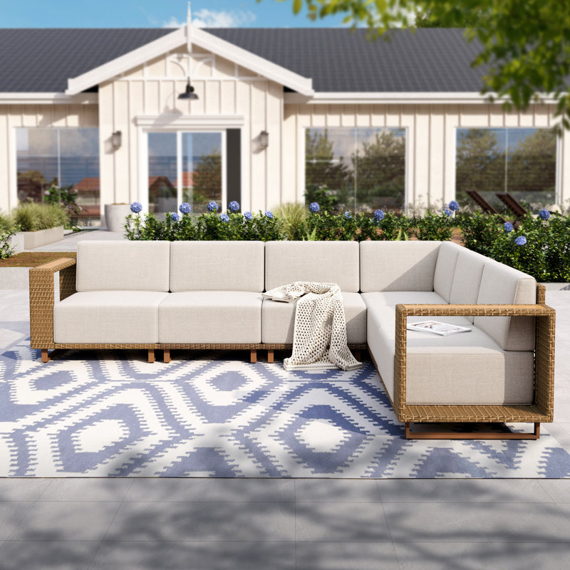 Wicker Patio Furniture Set Six Seats Beige L-Shaped Modular Outdoor Sectional Sofa, Thick Cushions & Stylish Armrests for Garden, Poolside & Backyard
