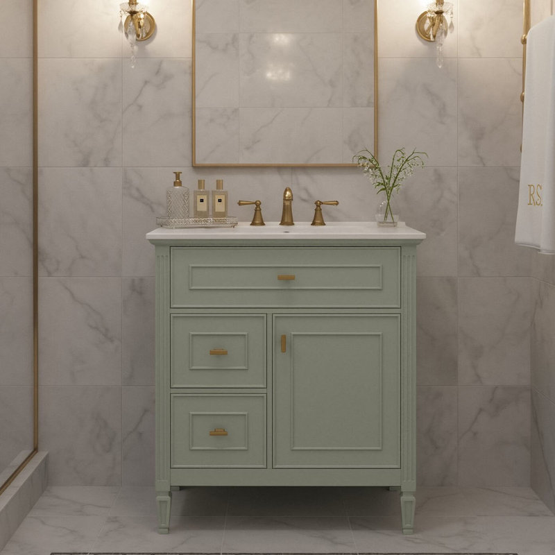Meuble-lavabo autoportant de 30 po avec lavabo en céramique, 1 plateau rabattable, 2 tiroirs profonds et tablette réglable