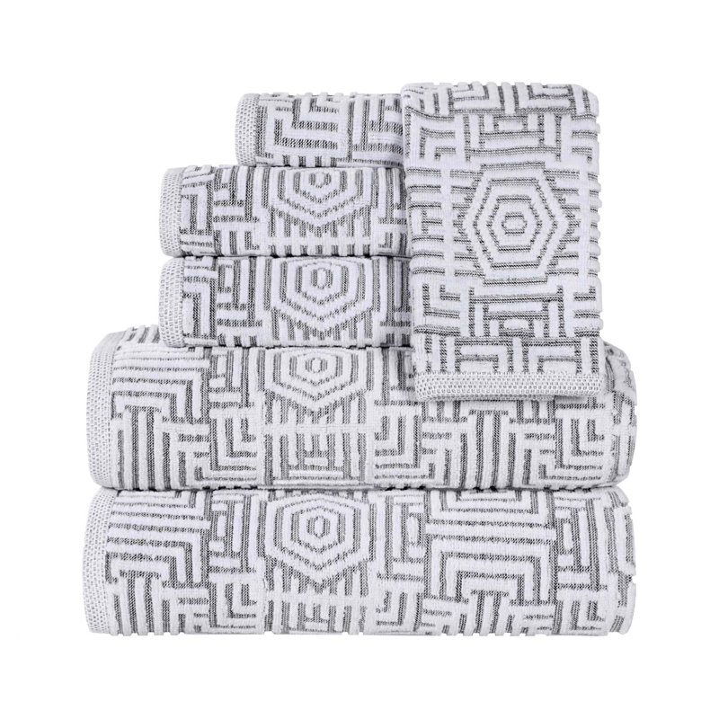 Cotton Modern Geometric Jacquard Soft Highly-Absorbent Assorted 6 Piece Bathroom Towel Set, Charcoal