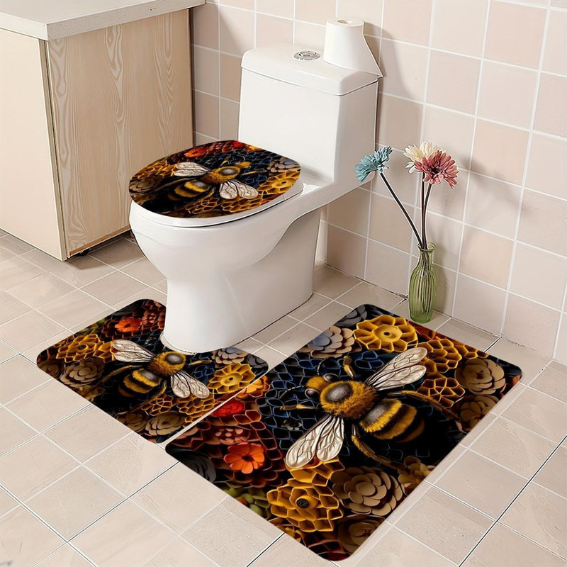 Ensemble de tapis de salle de bain oiseaux et fleurs noir et doré 3 pièces, Black Bird And Flower 