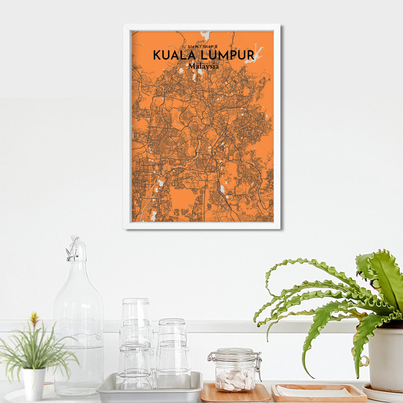 «Kuala Lumpur City Map», impression de luxe, H 24 po x l 18 po, Orange / gris