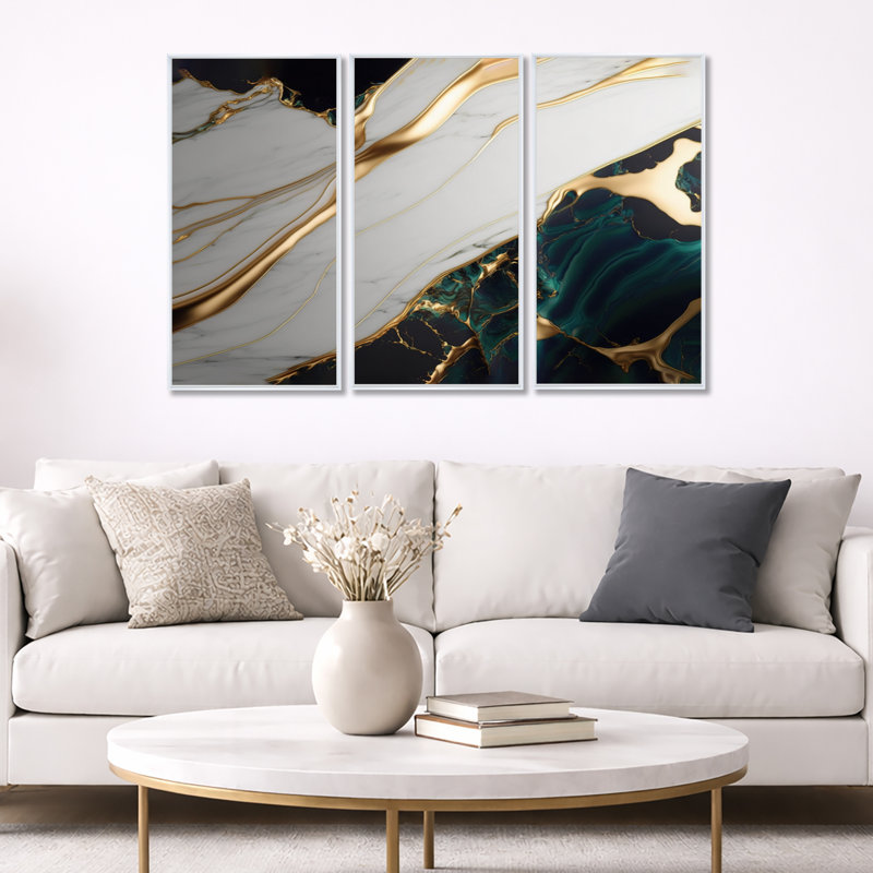 «Abstract Geode Gold and Green Marble II», reproduction sur toile 3 pièces, H 28 po x l 36 po x P 1 po, Cadre flottant blanc