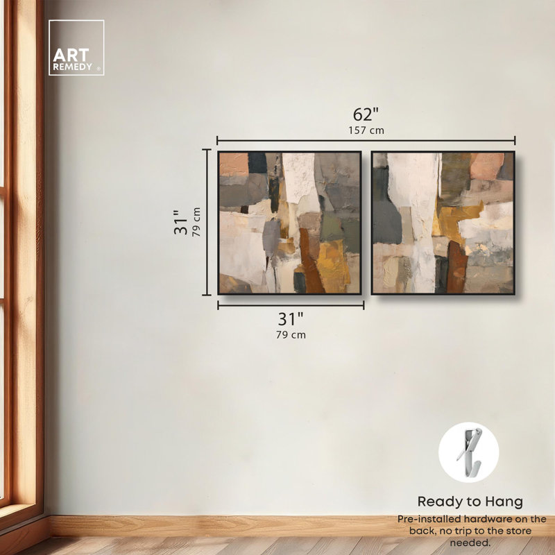 Patchwork Plains Set Canvas Print Beige Wall Decor Set by Art Remedy, Black Frame, 12 x 12, H 31 po x l 31 po, Black Frame