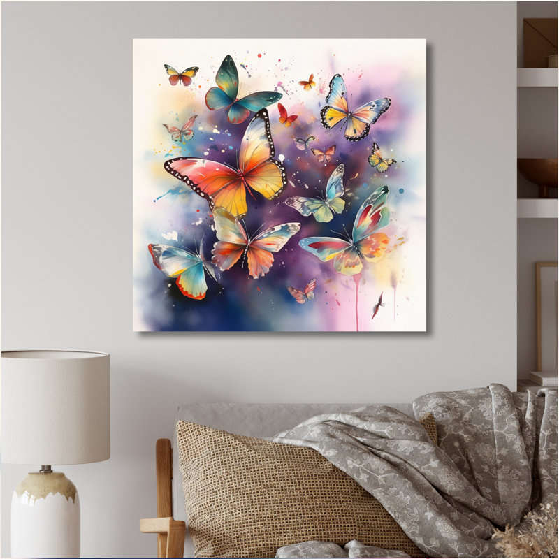 «Purple Butterflies In The Air», reproduction d'art sur toile, H 24 po x l 24 po, Toile tendue