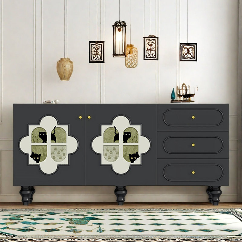 Retro Sideboard with Dual  Doors and Three Drawers, Black + Green