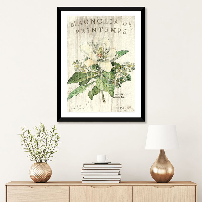 «Magnolia De Printemps» par Sue Schlabach - impression d'art graphique, H 32 po x l 24 po x P 1 po, Papier encadré noir
