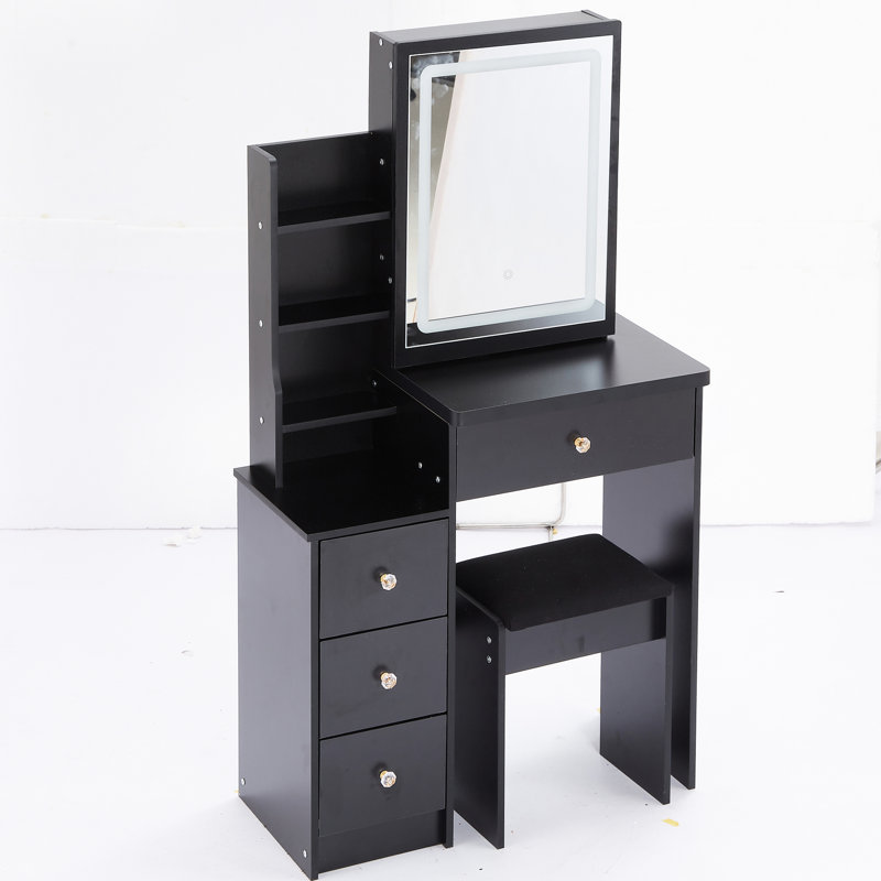 Small Space Vanity Table With Touch Control Led Mirror, Color & Brightness Adjustable, Cushioned Stool, , Black Left Side Bedside Cabinet Comfortable Seat Touchable Adjustable And Switching, American
