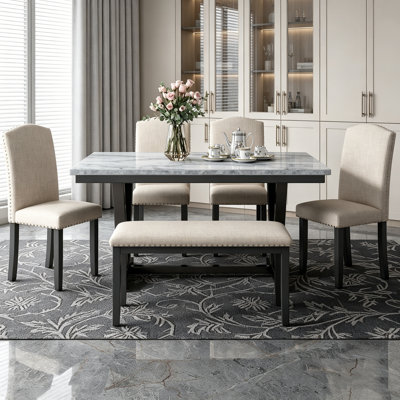 6-Piece Modern Dining Set With Marble Veneer Tabletop, V-Shape Legs, 4 Chairs & Bench (White)